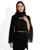 SAMMYUKK Detachable Cape Flared Sleeves Crop Top - Black Beauty