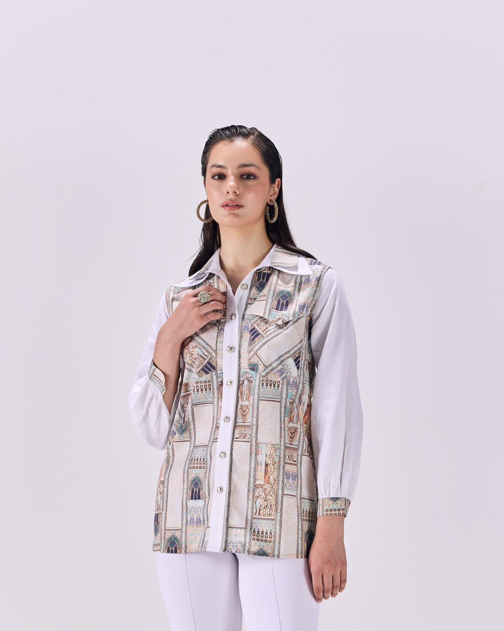 SAMMYUKK Double Collar Button-Up Ancient Roman Print Shirt - MULTICOLOR