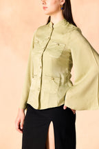 SAMMYUKK Gold Piped Trim Bell Sleeves Shirt - Tarragon Green
