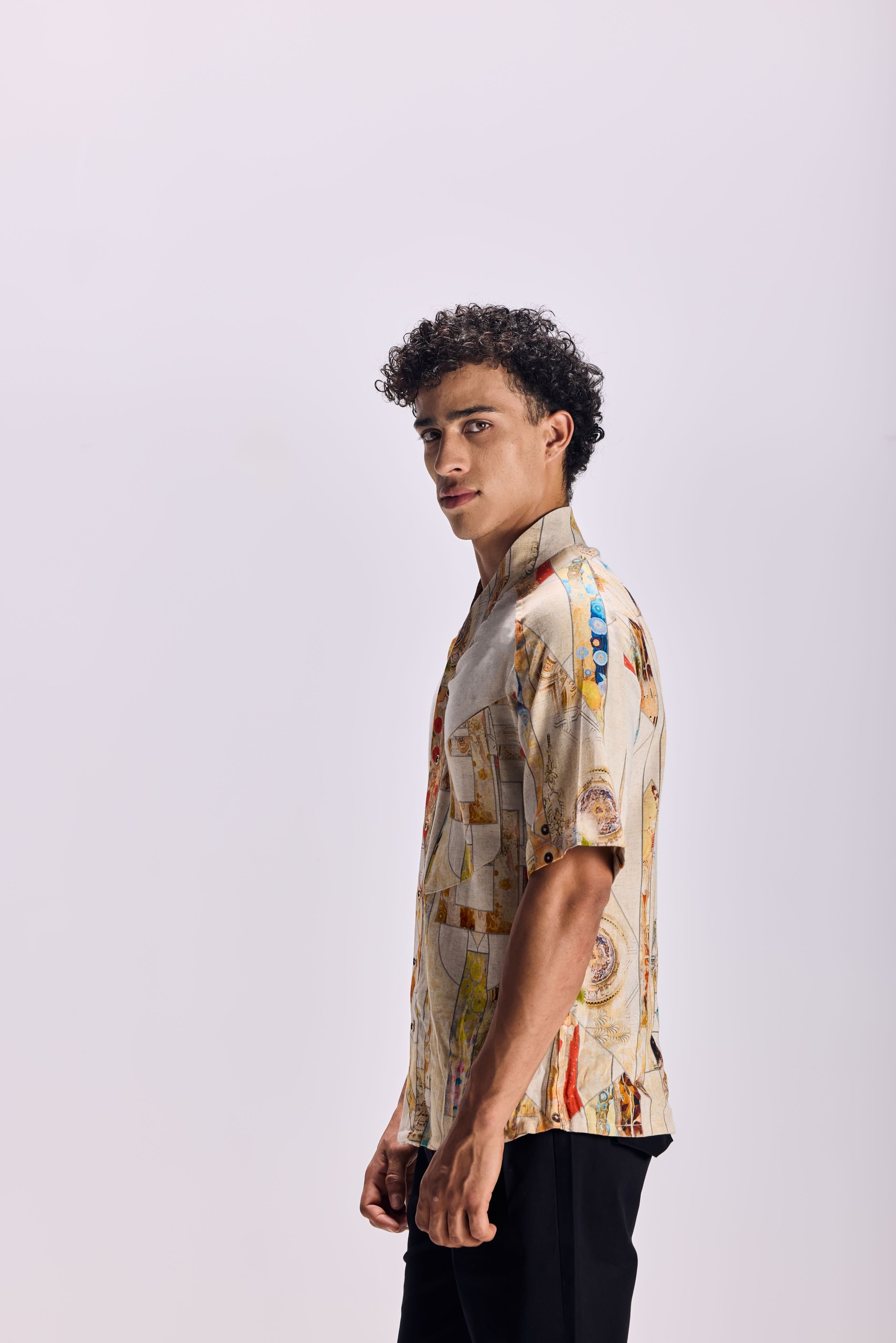 SAMMYUKK Nouvean Art Print V-Neck Paneled Shirt - MULTICOLOR