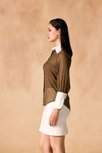 SAMMYUKK Button-Up Contrast Trim Georgette Sheer Shirt - DARK OLIVE