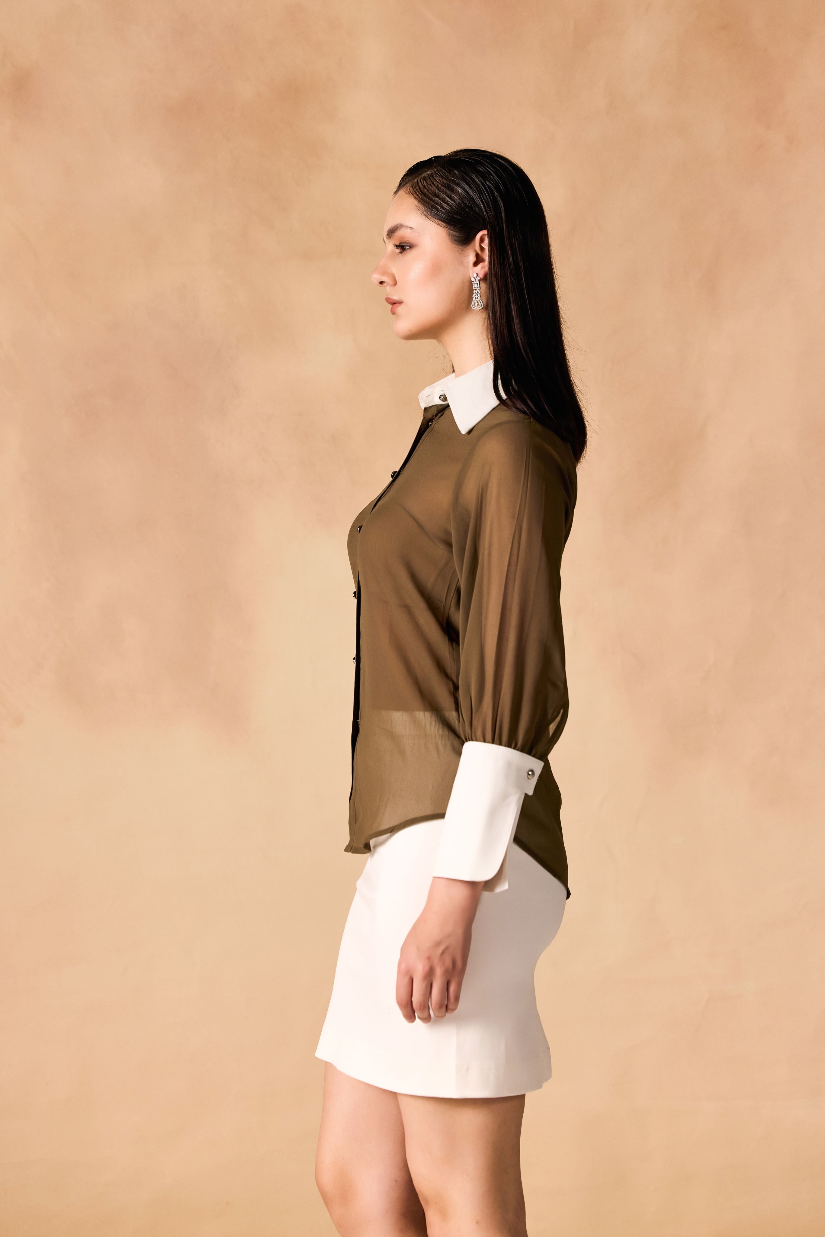 SAMMYUKK Button-Up Contrast Trim Georgette Sheer Shirt - DARK OLIVE