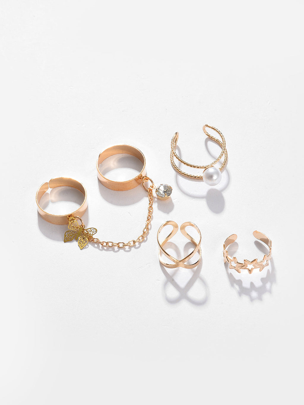 Set Of 4 Gold-Plated & White Pearls Beaded Finger Rings