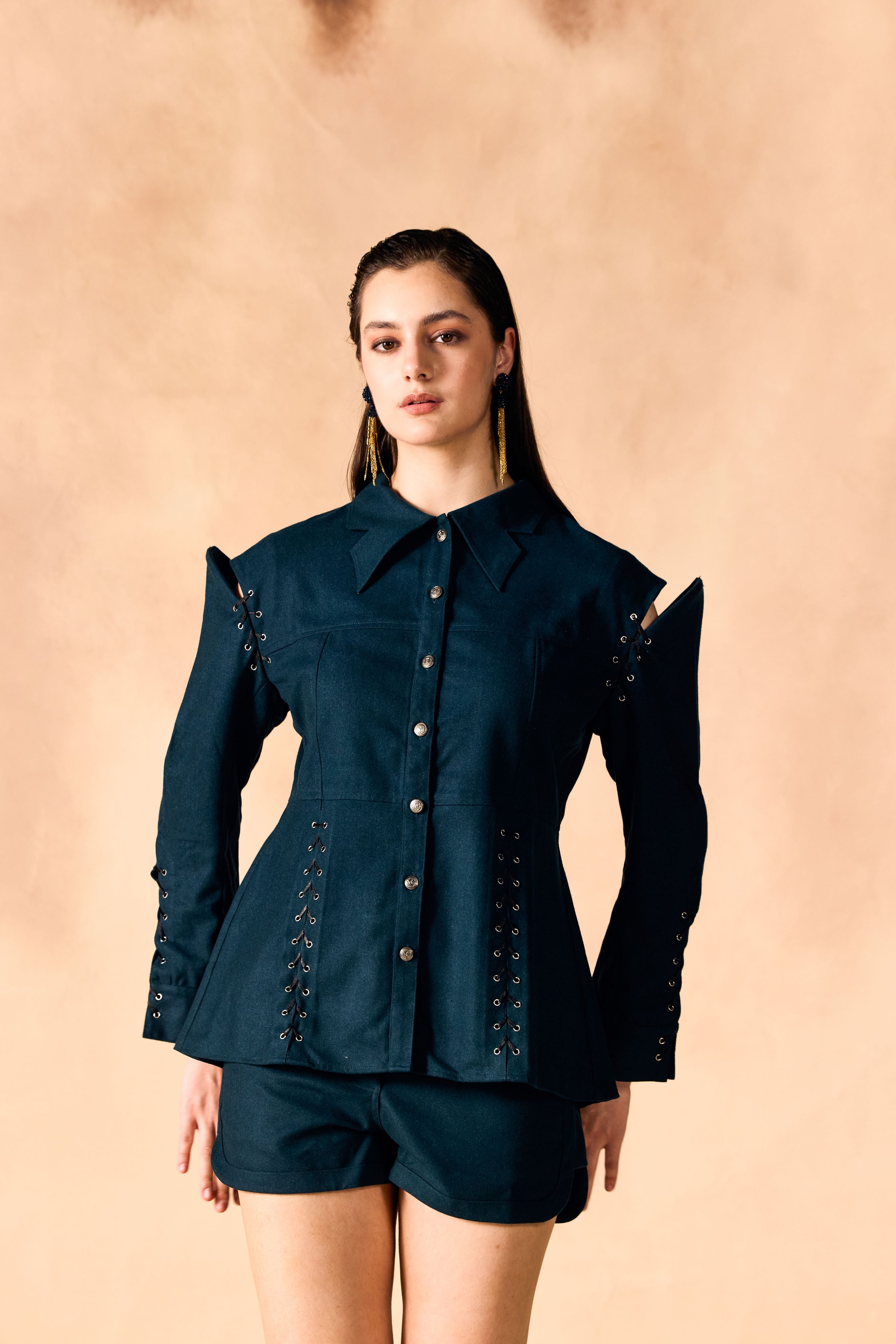 SAMMYUKK Slached Shoulder Paneled Peplum Shirt - Rain Forest