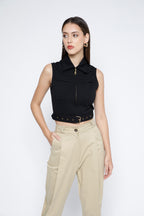 SAMMYUKK Gold Metal Zip Belted Crop Top - Black Beauty