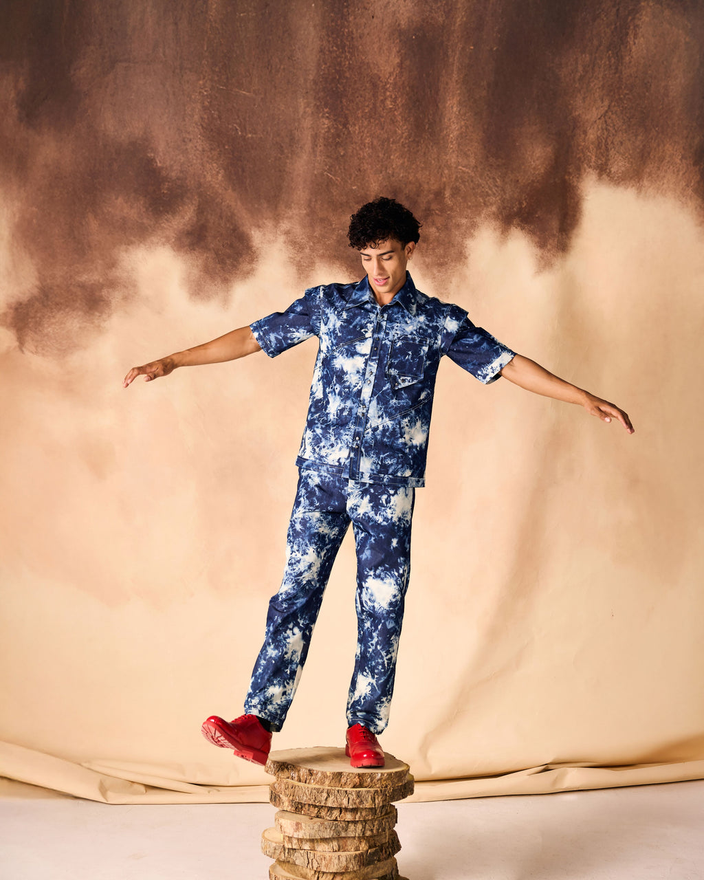 SAMMYUKK Tie and Dye Chambray Paneled Shirt & Trouser Co-ord Set - MOODY BLUE