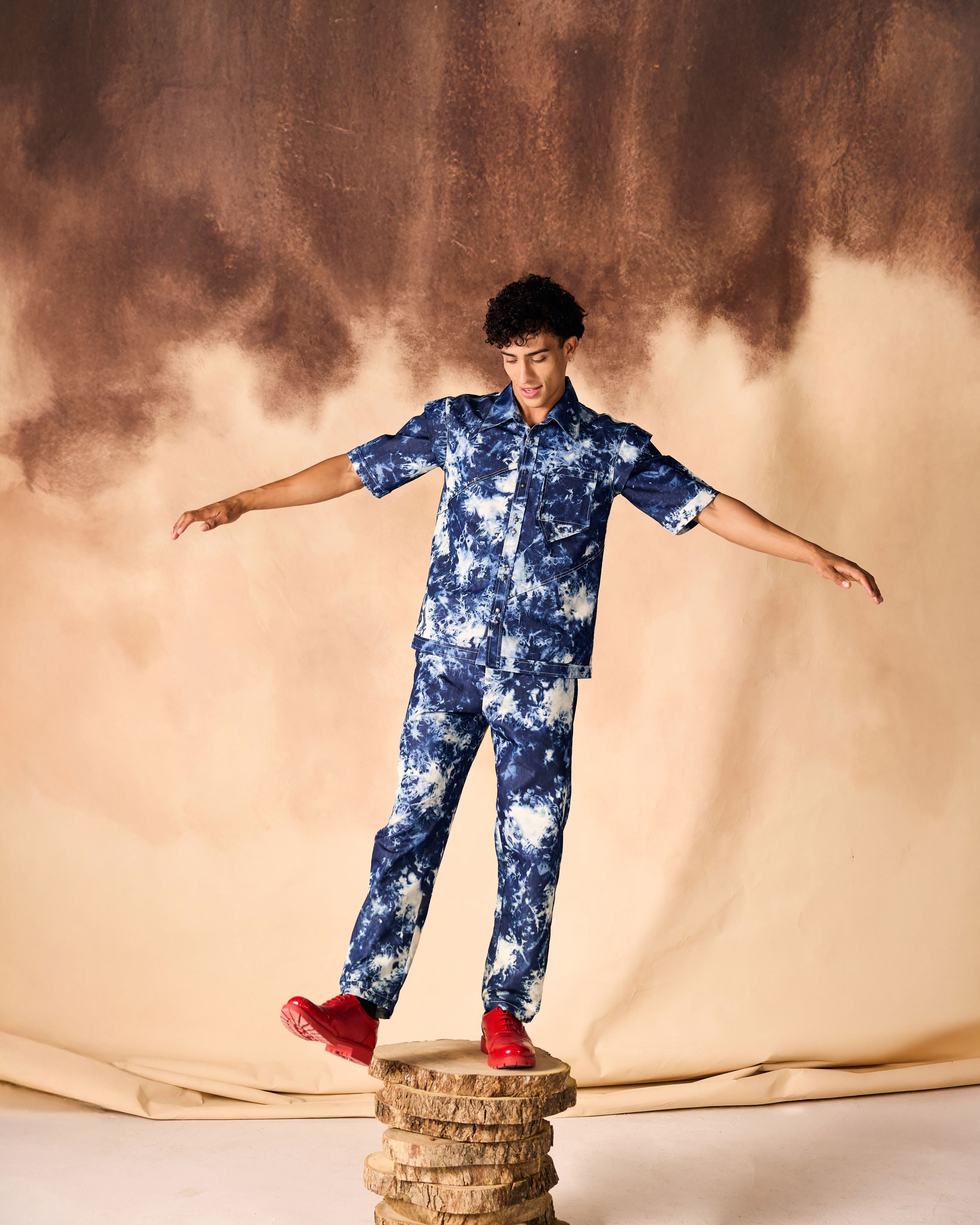 SAMMYUKK Tie and Dye Chambray Paneled Shirt & Trouser Co-ord Set - MOODY BLUE