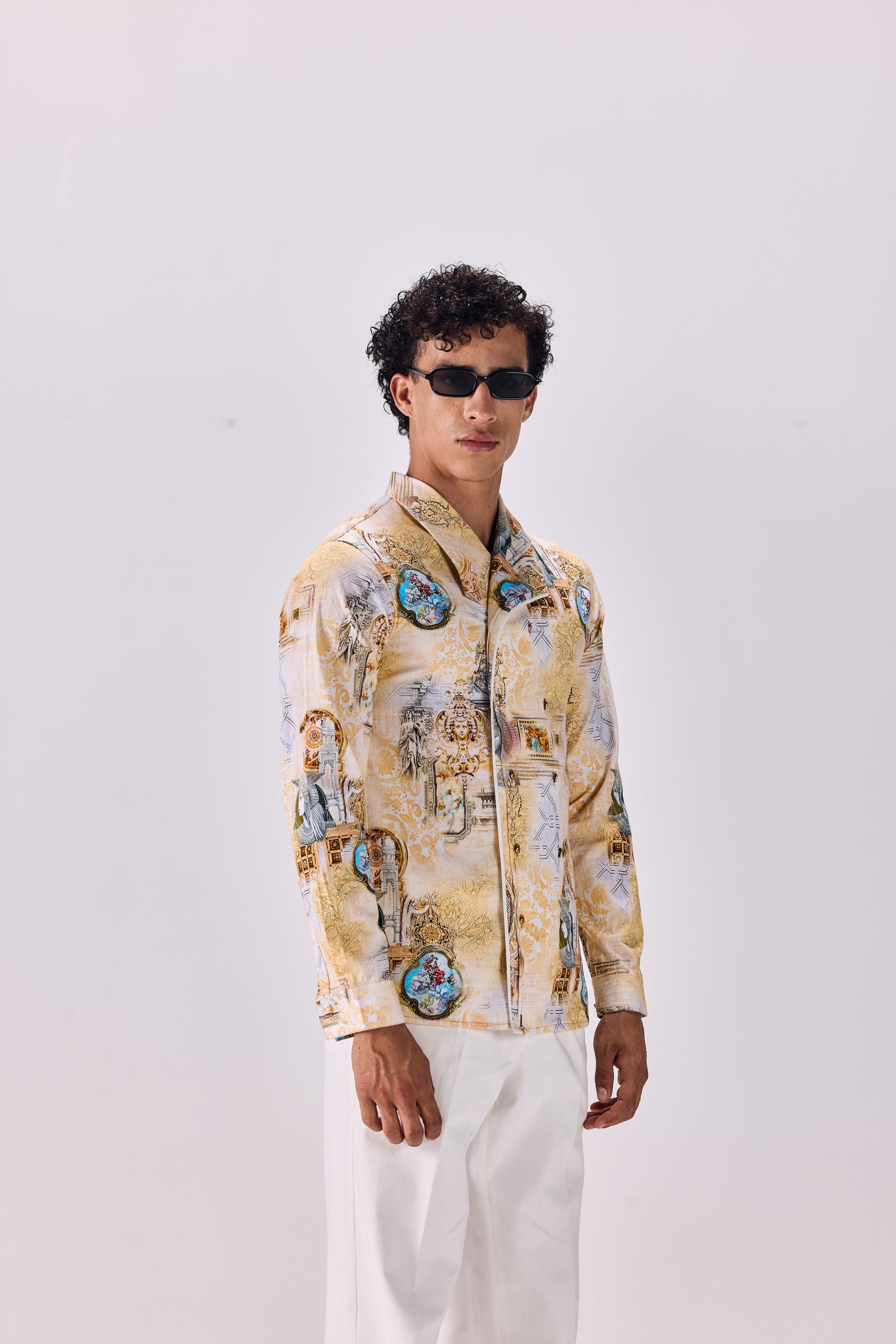 SAMMYUKK Vintage Oversized Collar Kingdom of Egypt Print Shirt - MULTICOLOR