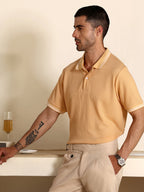 Campus Sutra Peach Waffle Knit Polo T-Shirt with Contrast Tipping