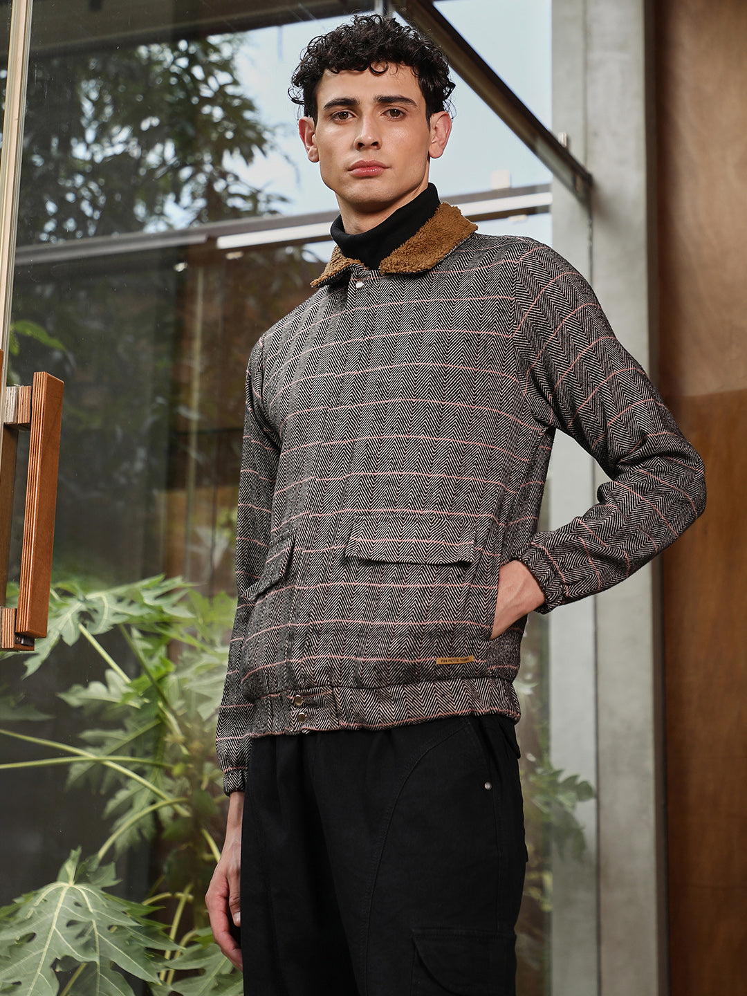 Campus Sutra Tartan Plaid Jacket With Fleece Collar