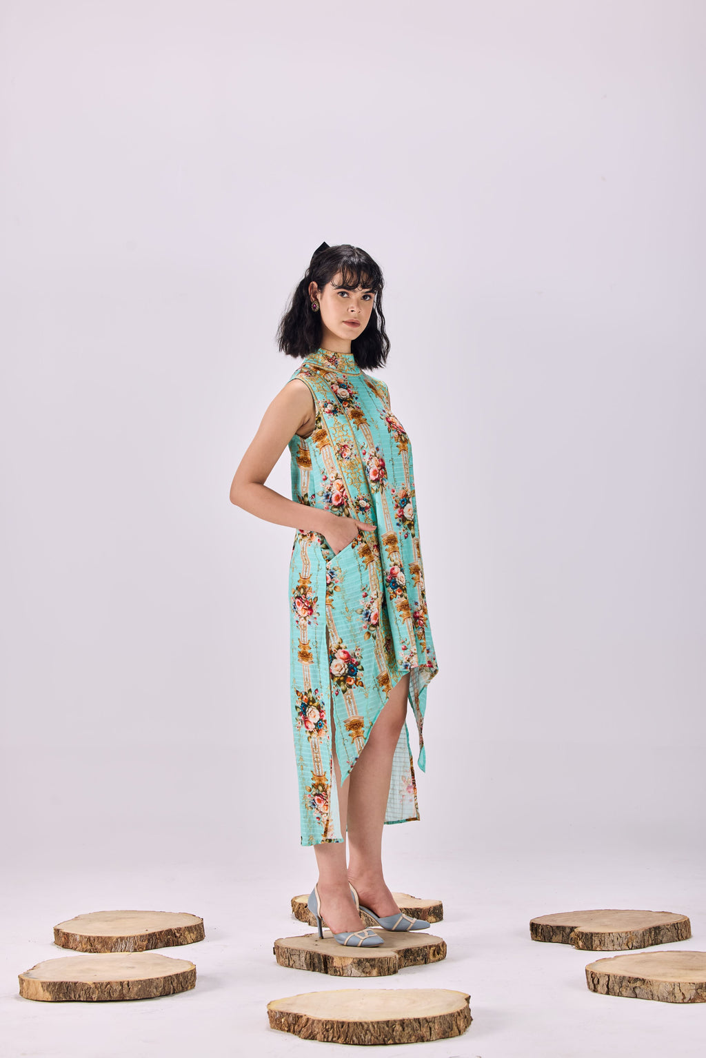 SAMMYUKK High Neck Vintage Floral Stripe Shift Dress - PALE TURQUOISE