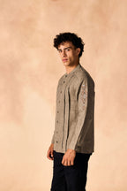 SAMMYUKK Renaissance Crown Embroidered Pleated Shirt - Grey Taupe