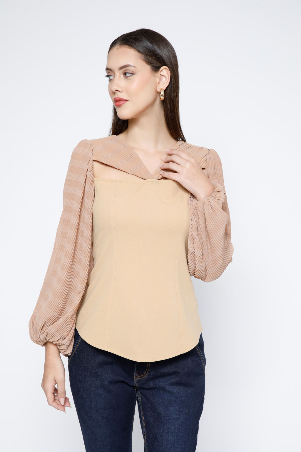SAMMYUKK Pleated Chiffon Front Cut-out Top - Sunset Gold