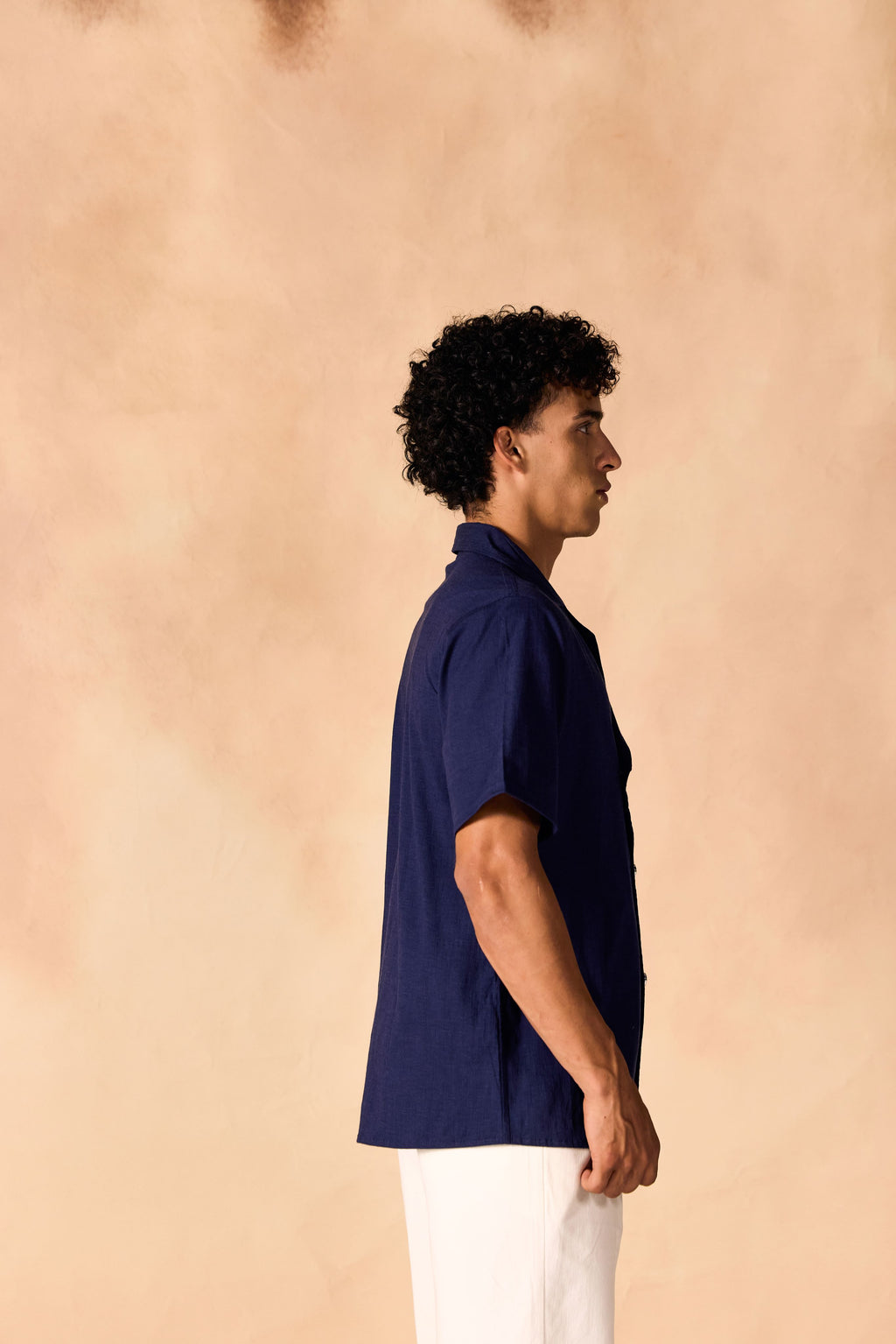 SAMMYUKK Overlapping Notched Collar Casual Cotton Shirt - MIDNIGHT BLUE