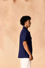 SAMMYUKK Overlapping Notched Collar Casual Cotton Shirt - MIDNIGHT BLUE