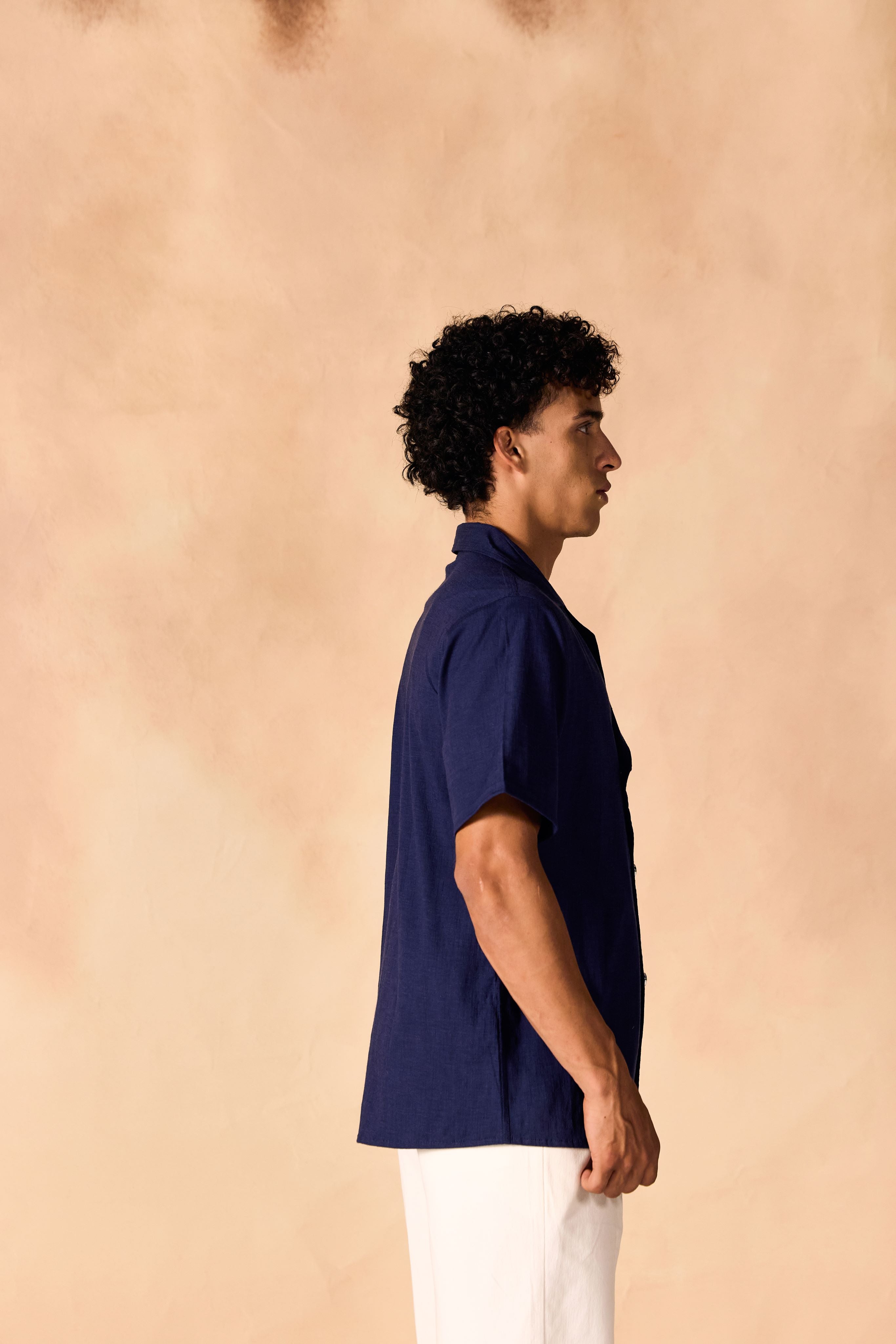SAMMYUKK Overlapping Notched Collar Casual Cotton Shirt - MIDNIGHT BLUE