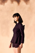 SAMMYUKK Slached Shoulder Paneled Peplum Shirt - Winetasting