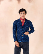 SAMMYUKK Lapel Collar Button-Up Denim Jacquard Blazer Jacket - MIDNIGHT INDIGO