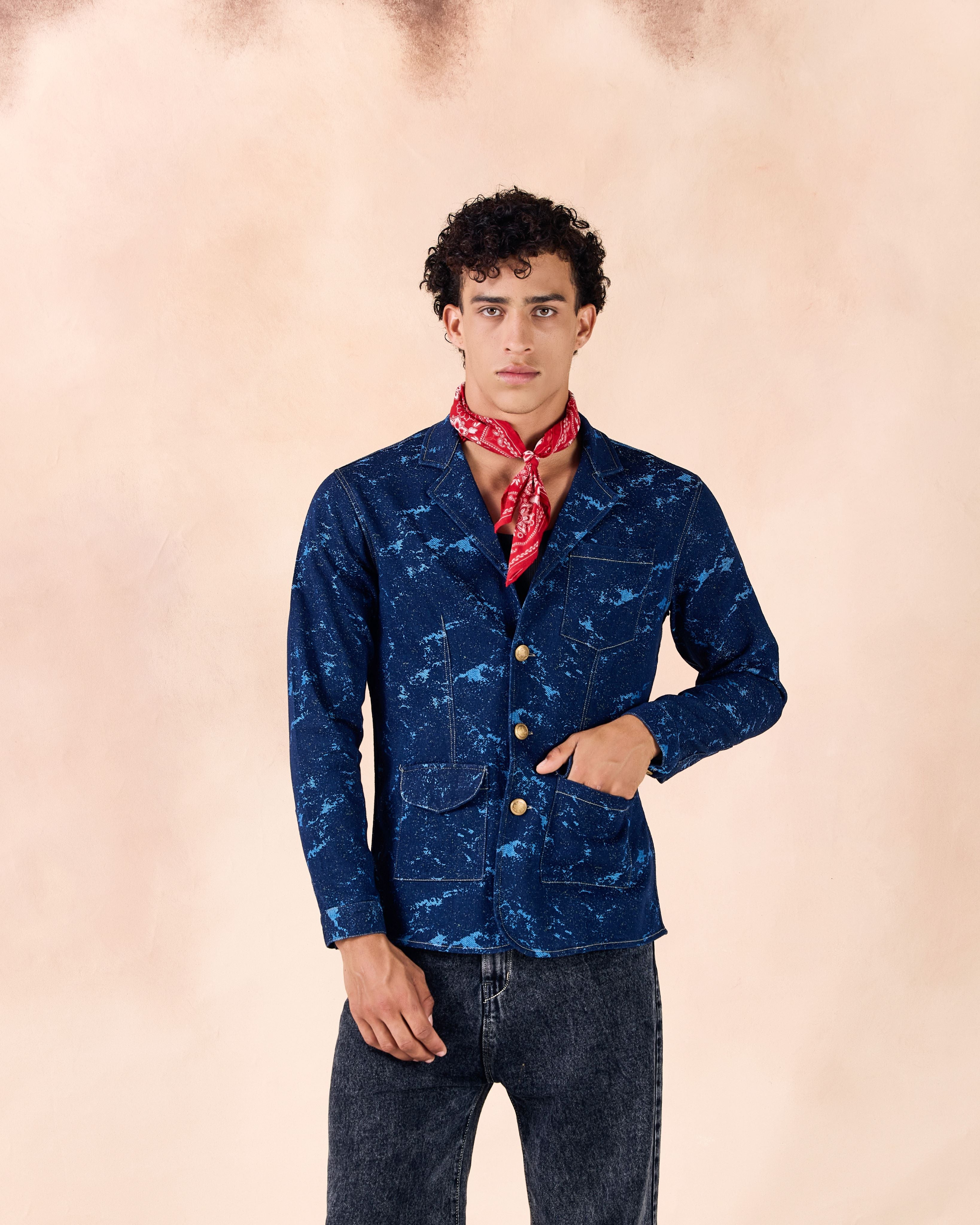 SAMMYUKK Lapel Collar Button-Up Denim Jacquard Blazer Jacket - MIDNIGHT INDIGO