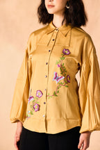 SAMMYUKK Floral Vine and Butterfly 3D Embroidered Shirt - Golden Cream