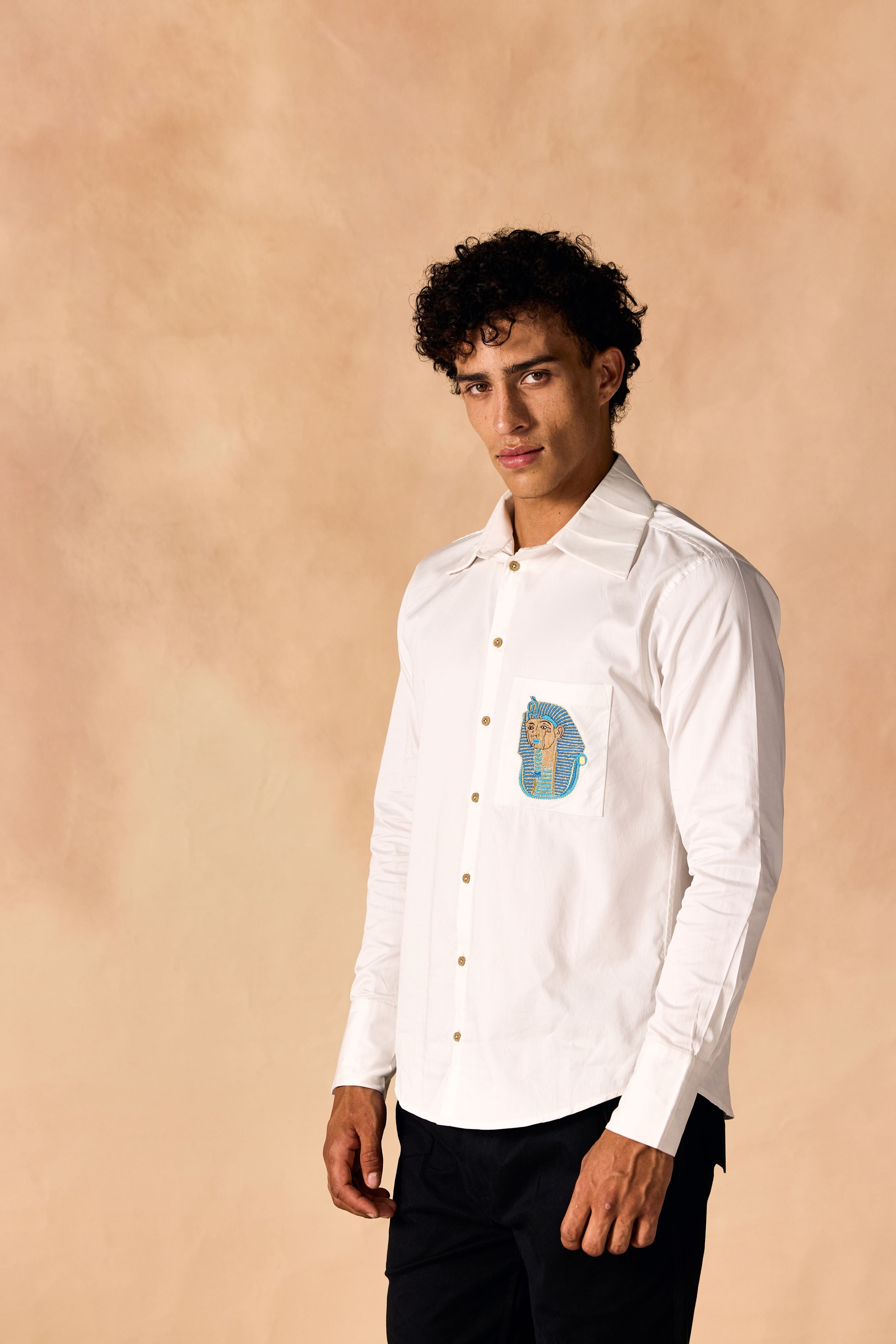 SAMMYUKK Pleated Collar Embroidered Shirt - Crisp White