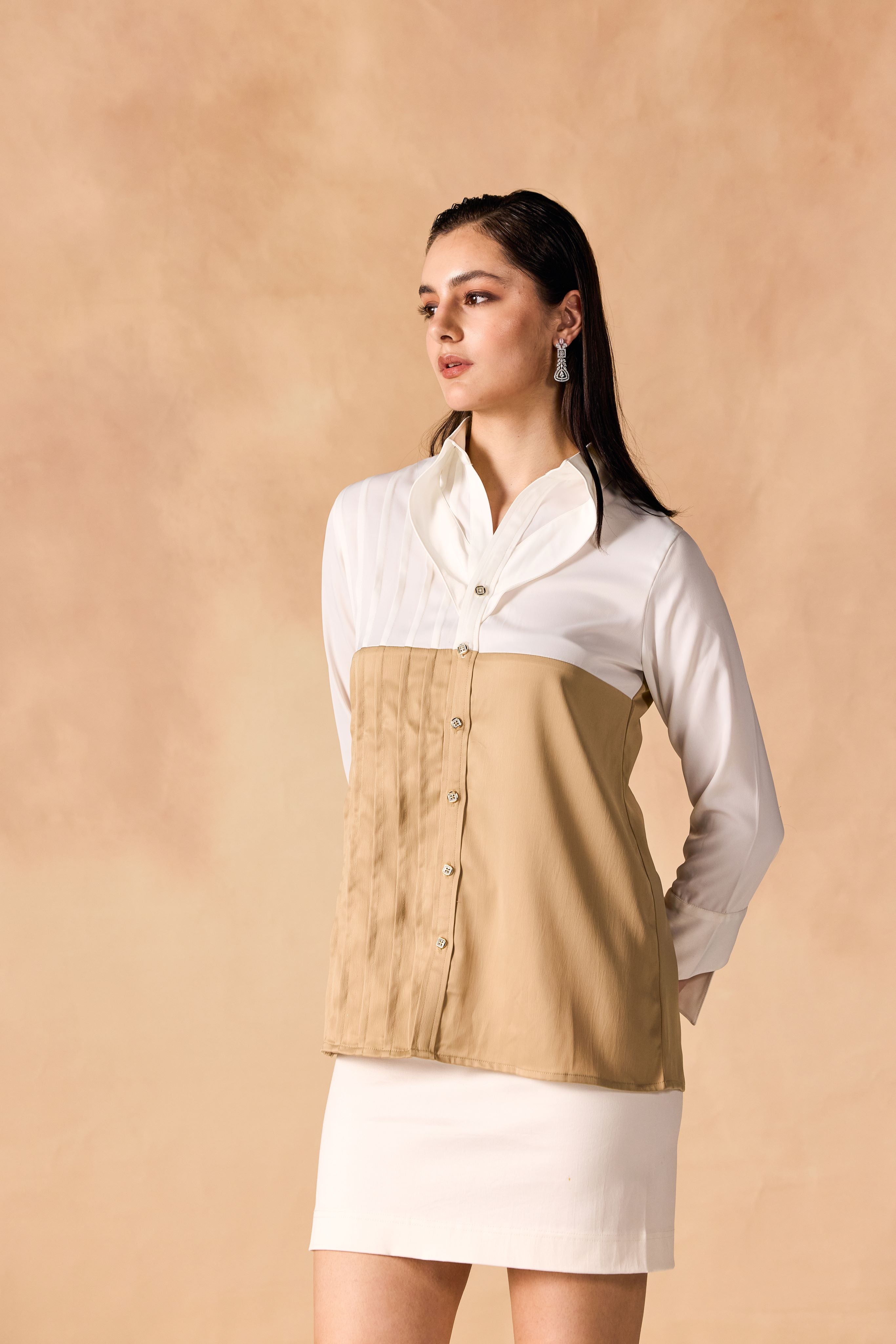 SAMMYUKK Two-Tone Pintuck Pleated Button-up Satin Shirt - CHAMPAGNE GOLD
