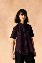 SAMMYUKK Contrast Stitch Button-Up Casual Oversized Shirt - WINETASTING