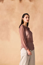 SAMMYUKK Pleated Pearl Buttoned Yoke Georgette Top - SEA FOG