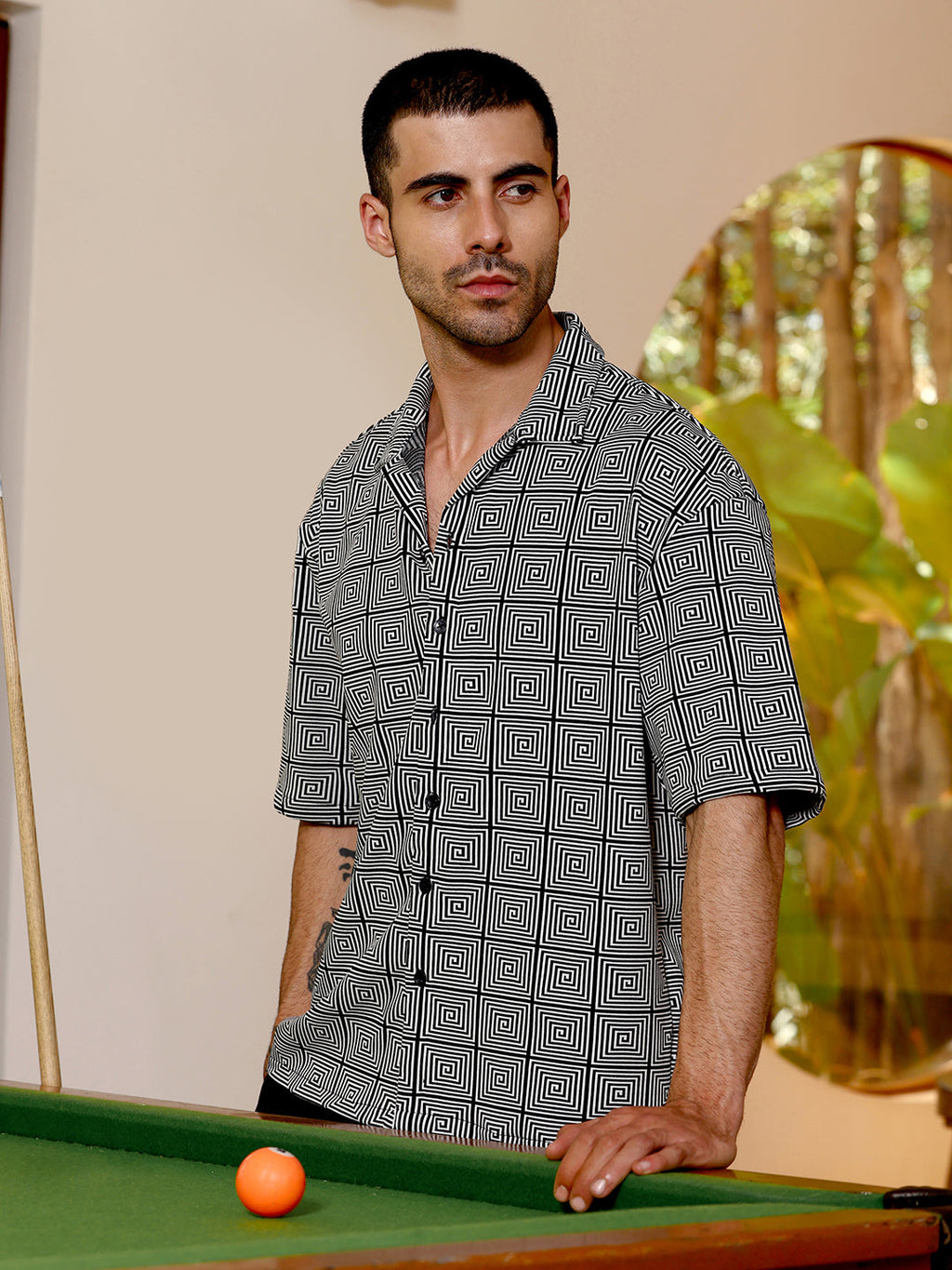 Campus Sutra Geometric Print Relaxed Fit Cuban Collar Shirt
