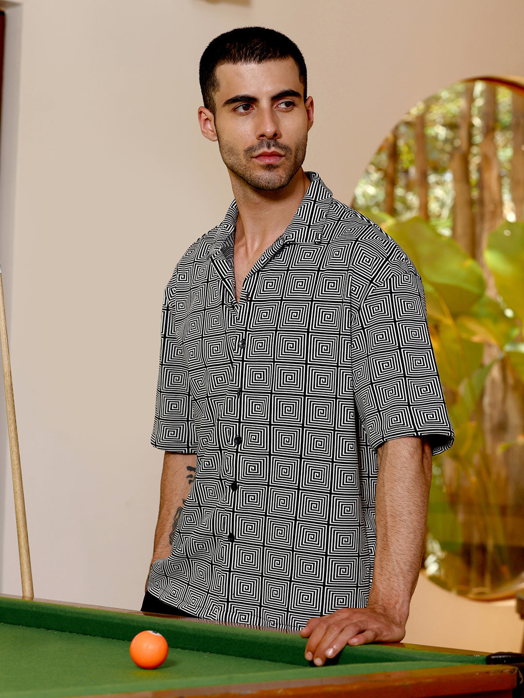Campus Sutra Geometric Print Relaxed Fit Cuban Collar Shirt