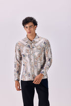 SAMMYUKK Ancient Roman Print Button-Up Drop Pocket Shirt - MULTICOLOR