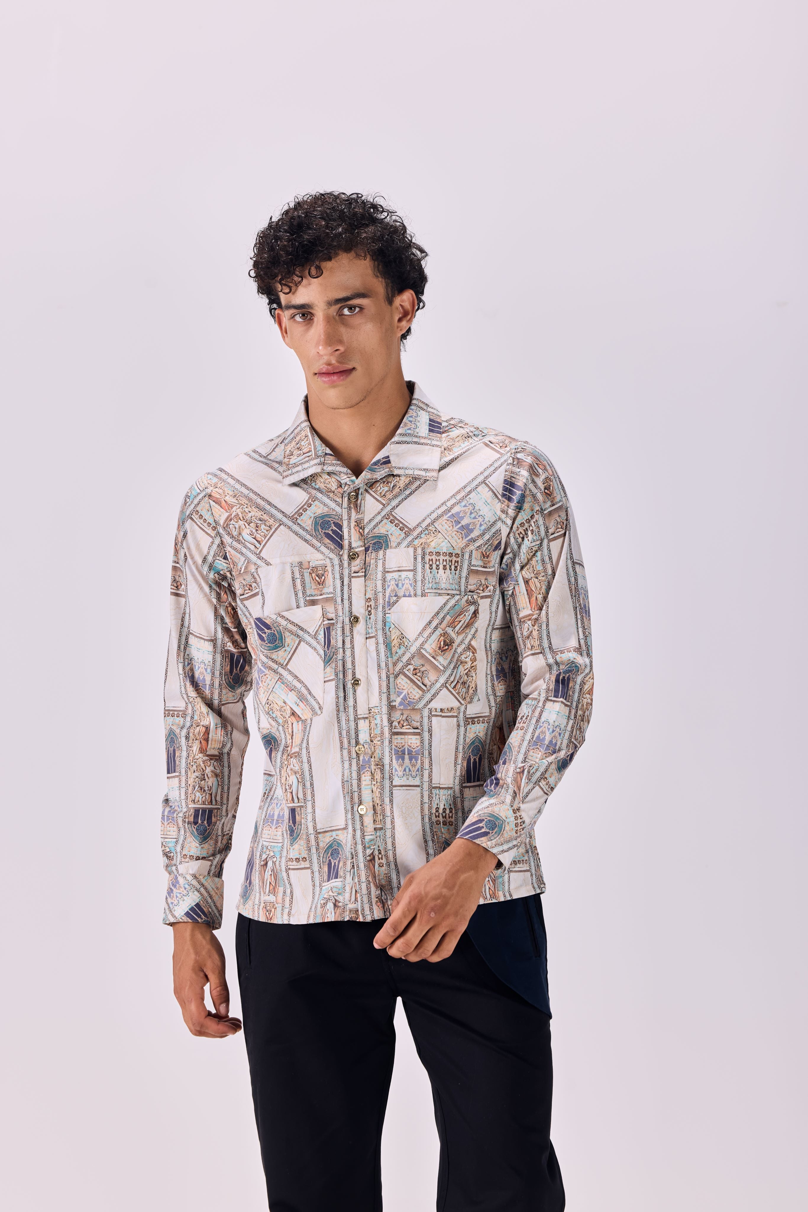 SAMMYUKK Ancient Roman Print Button-Up Drop Pocket Shirt - MULTICOLOR