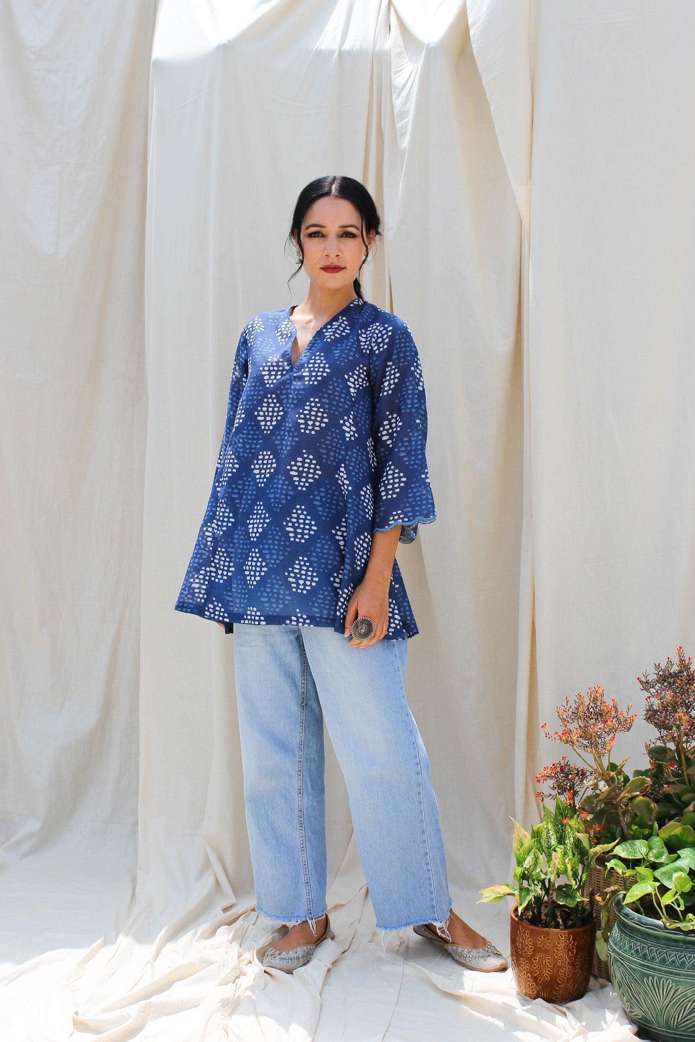 ShopKapaas Indigo Neel Printed Cotton Kurta