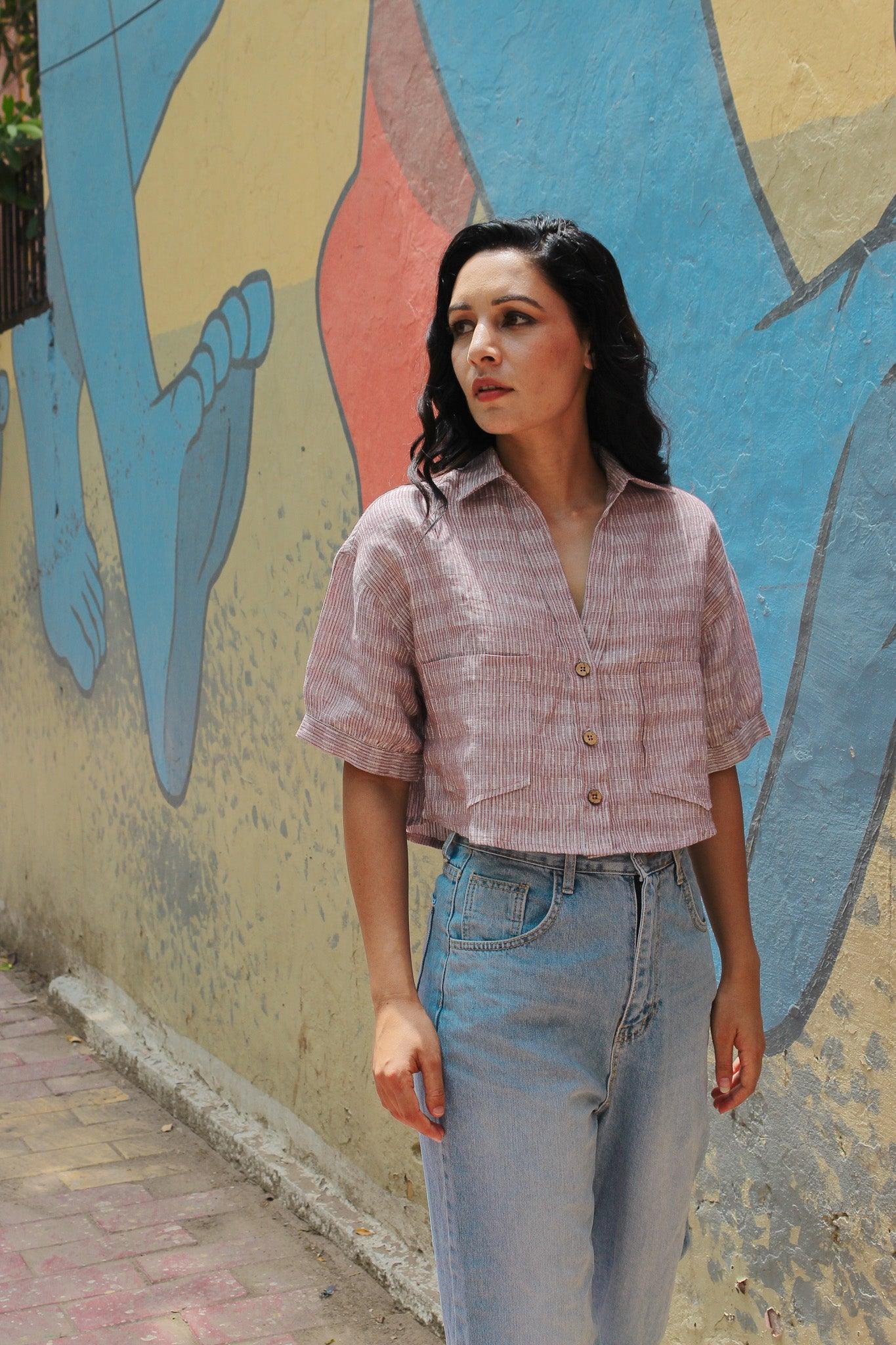 ShopKapaas Rust Woven Linen Crop Top