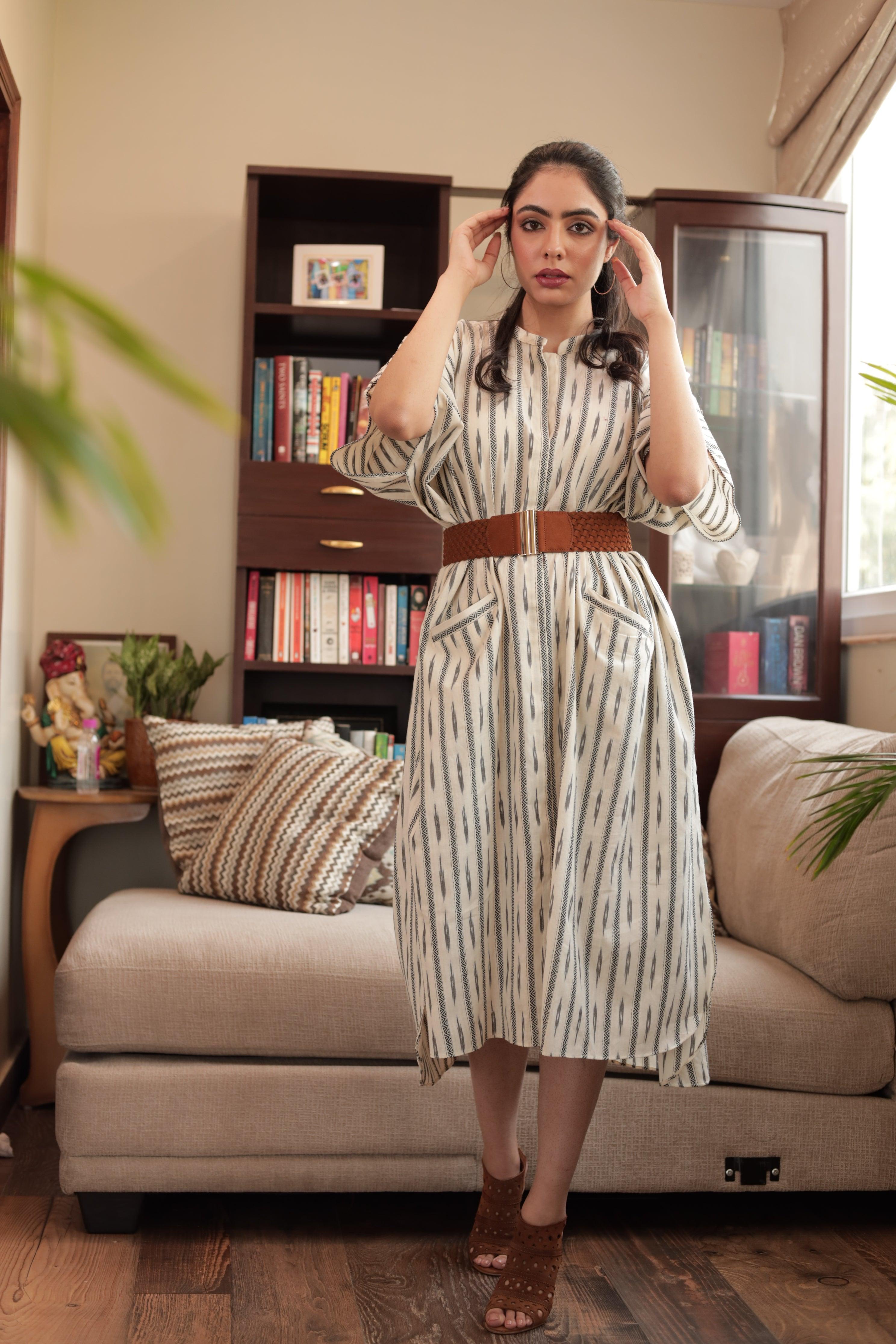 ShopKapaas Ivory Ikat Kaftan Dress