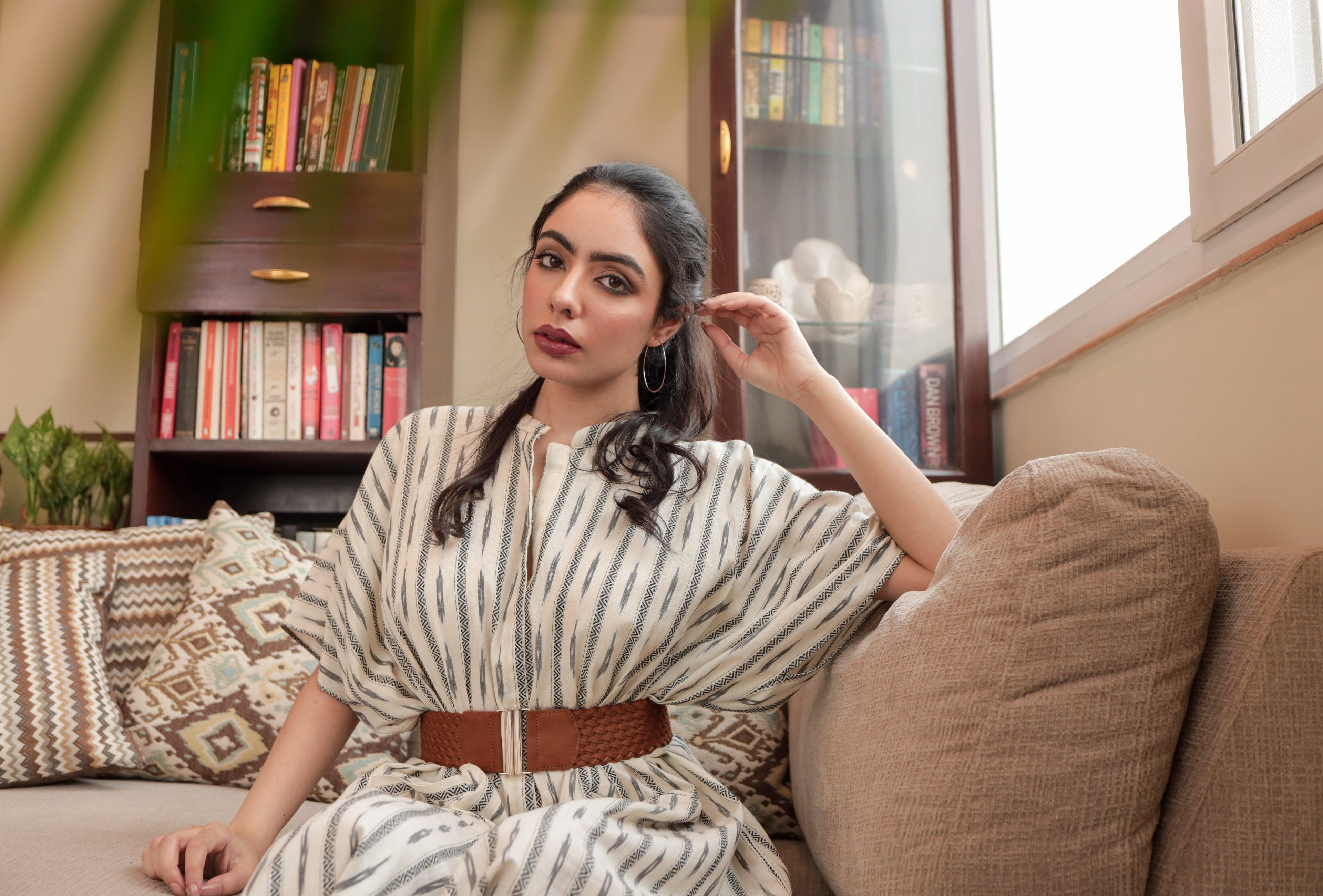 ShopKapaas Ivory Ikat Kaftan Dress