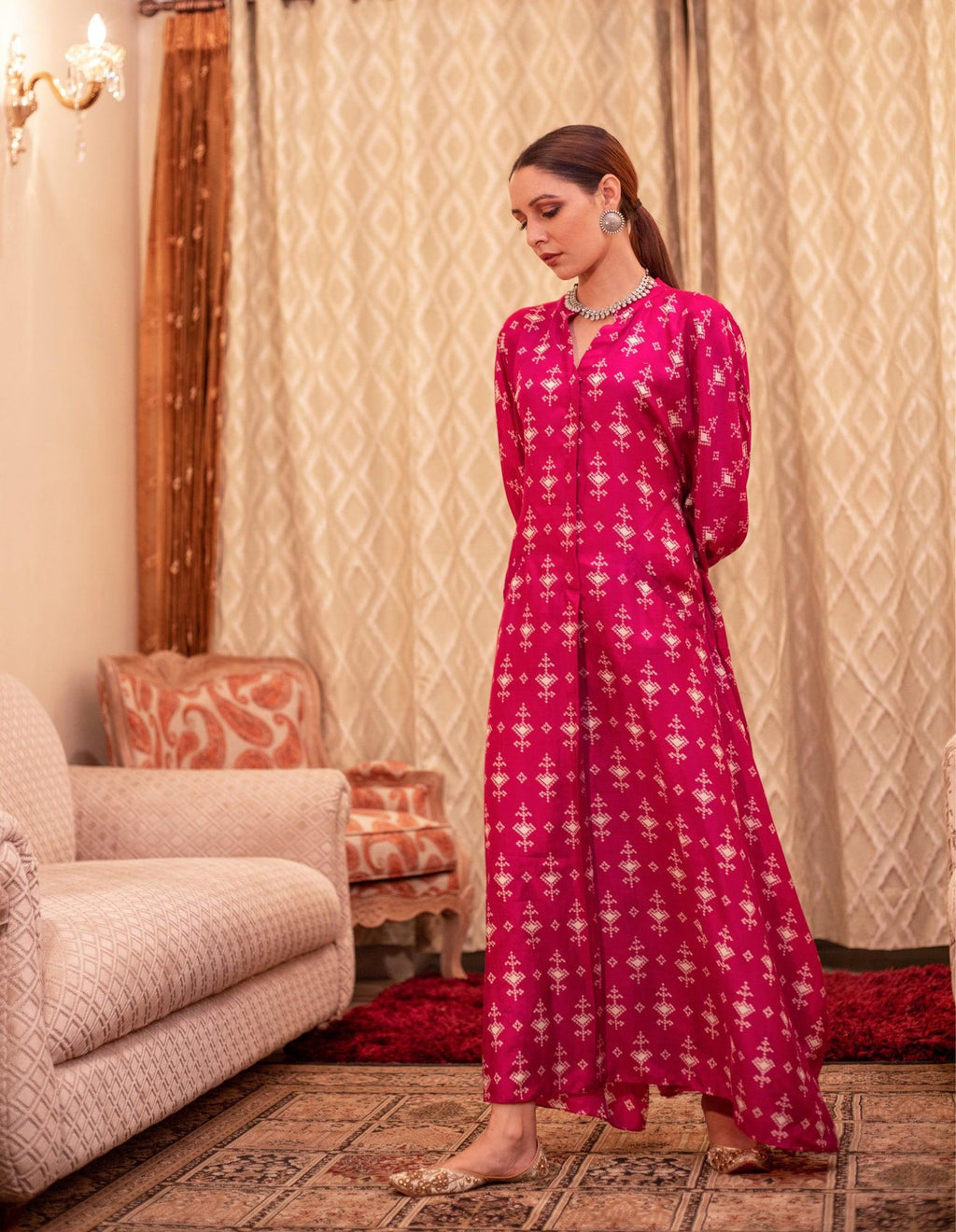 ShopKapaas Fuchsia Cotton Silk Box Pleat Kaftan Dress
