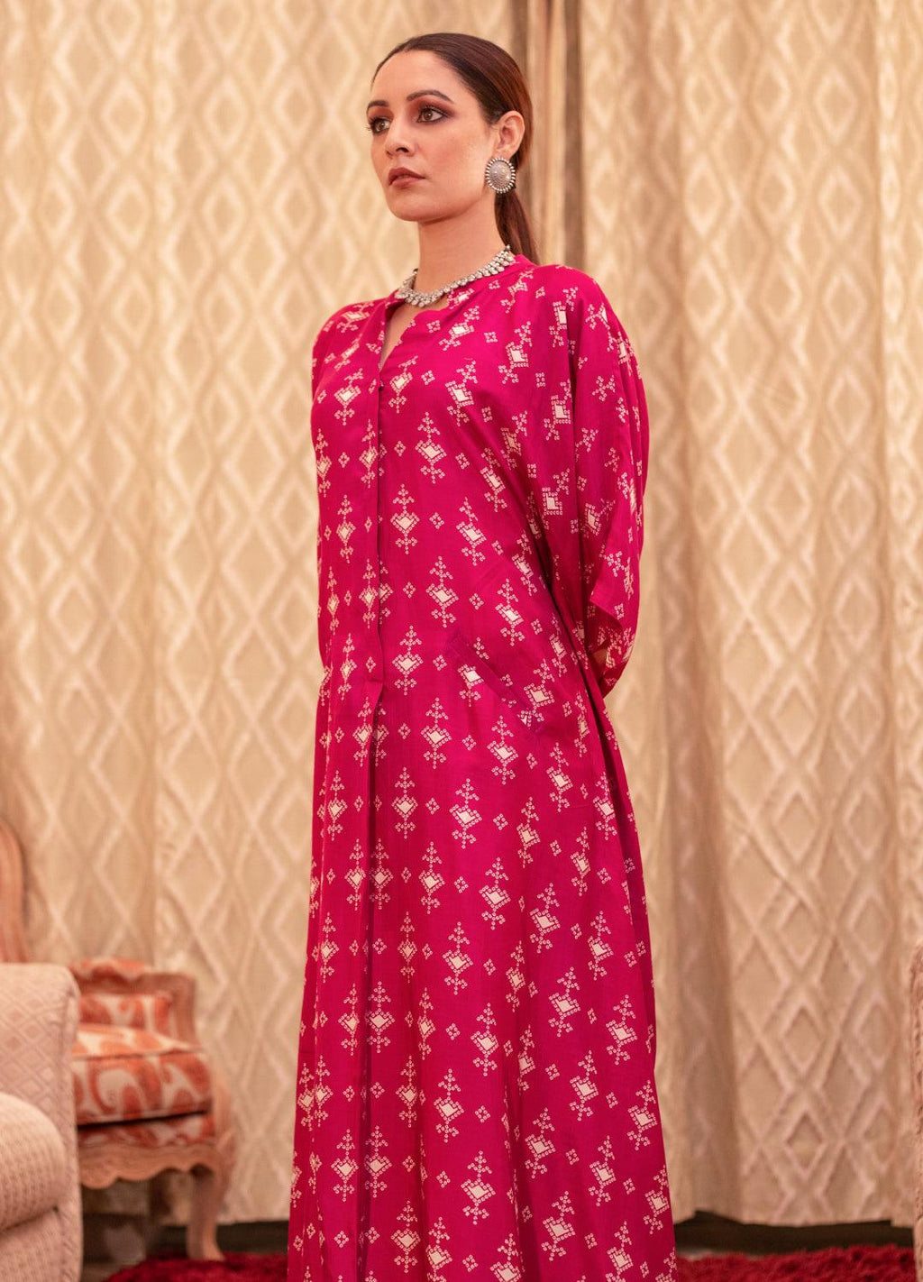 ShopKapaas Fuchsia Cotton Silk Box Pleat Kaftan Dress