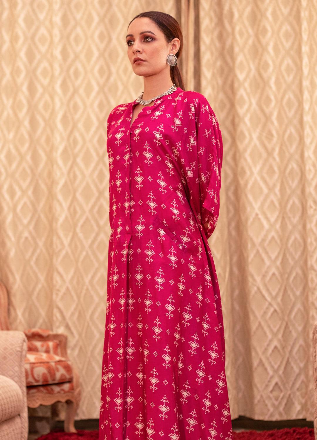 ShopKapaas Fuchsia Cotton Silk Box Pleat Kaftan Dress