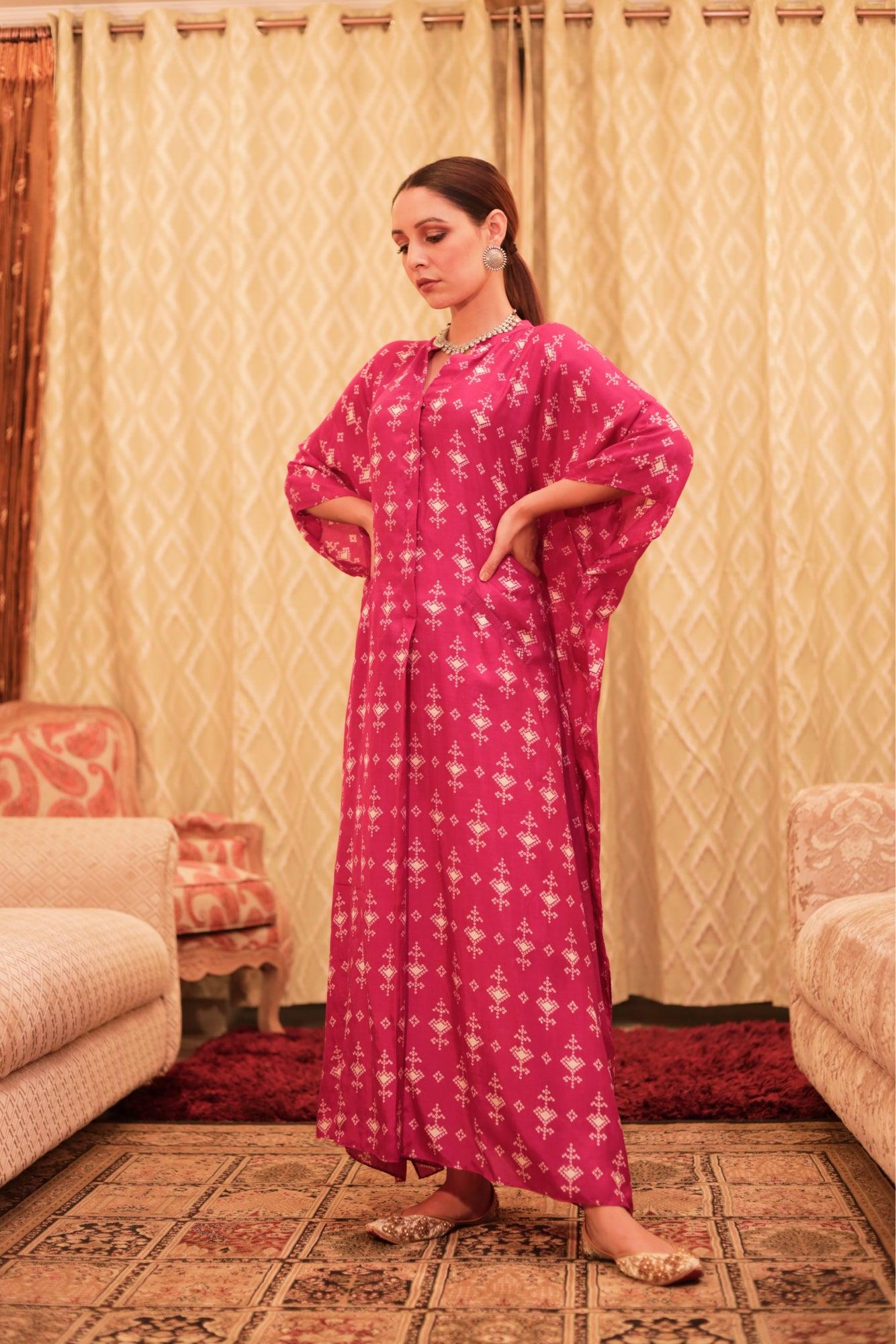 ShopKapaas Fuchsia Cotton Silk Box Pleat Kaftan Dress
