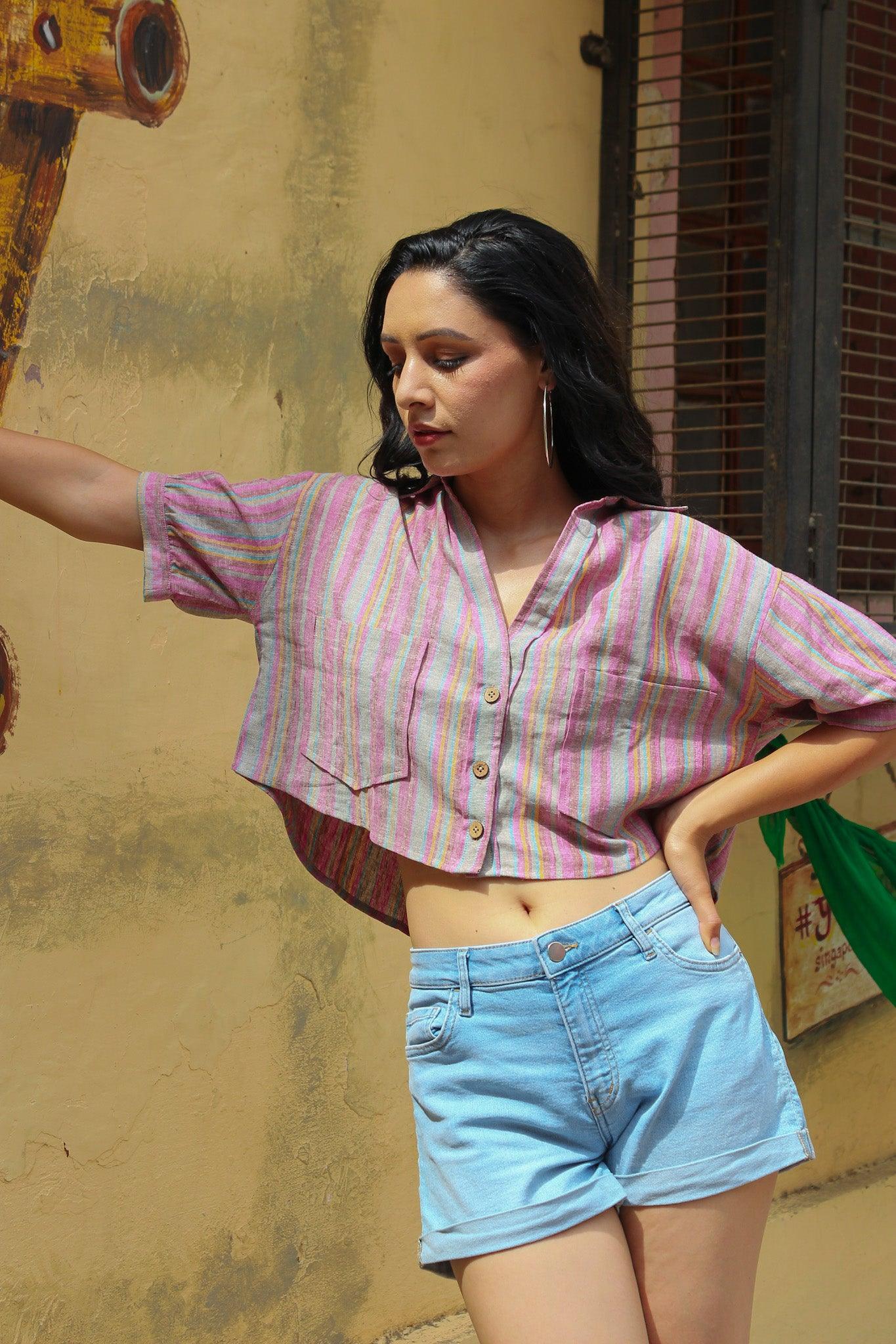 ShopKapaas Multicolour Stripes Linen Crop Top