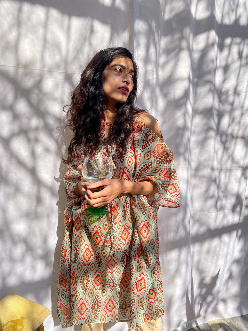 ShopKapaas Zuhi - Mint Ikat Cold Shoulder Short Kaftan
