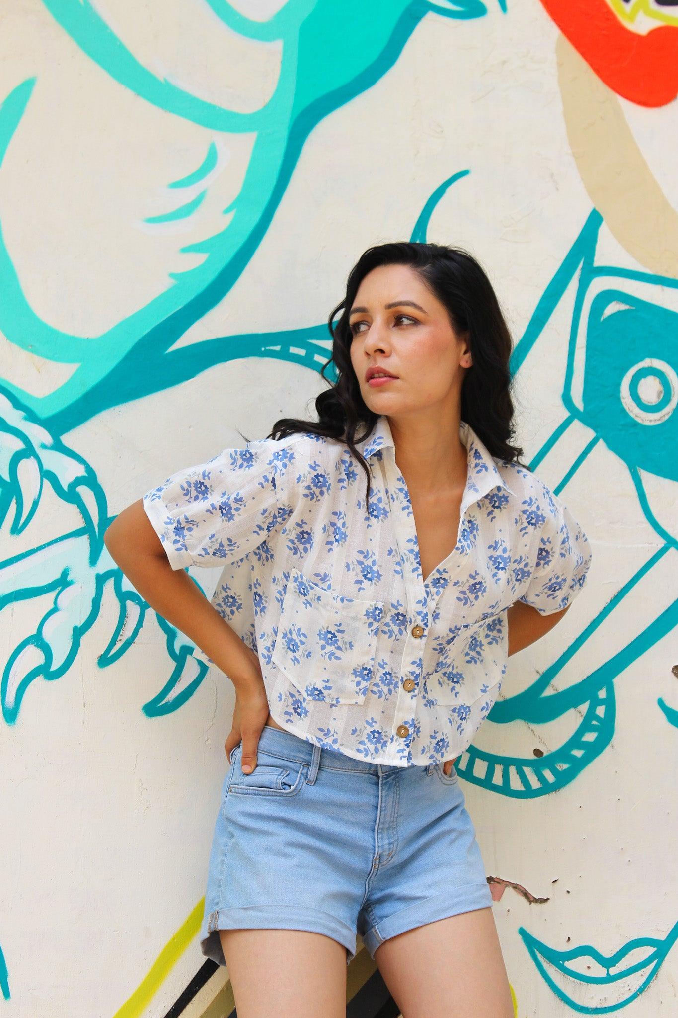 ShopKapaas Ivory Floral Linen Crop Top