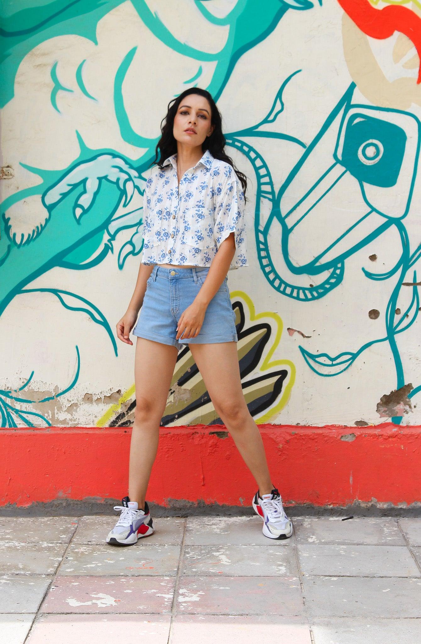 ShopKapaas Ivory Floral Linen Crop Top