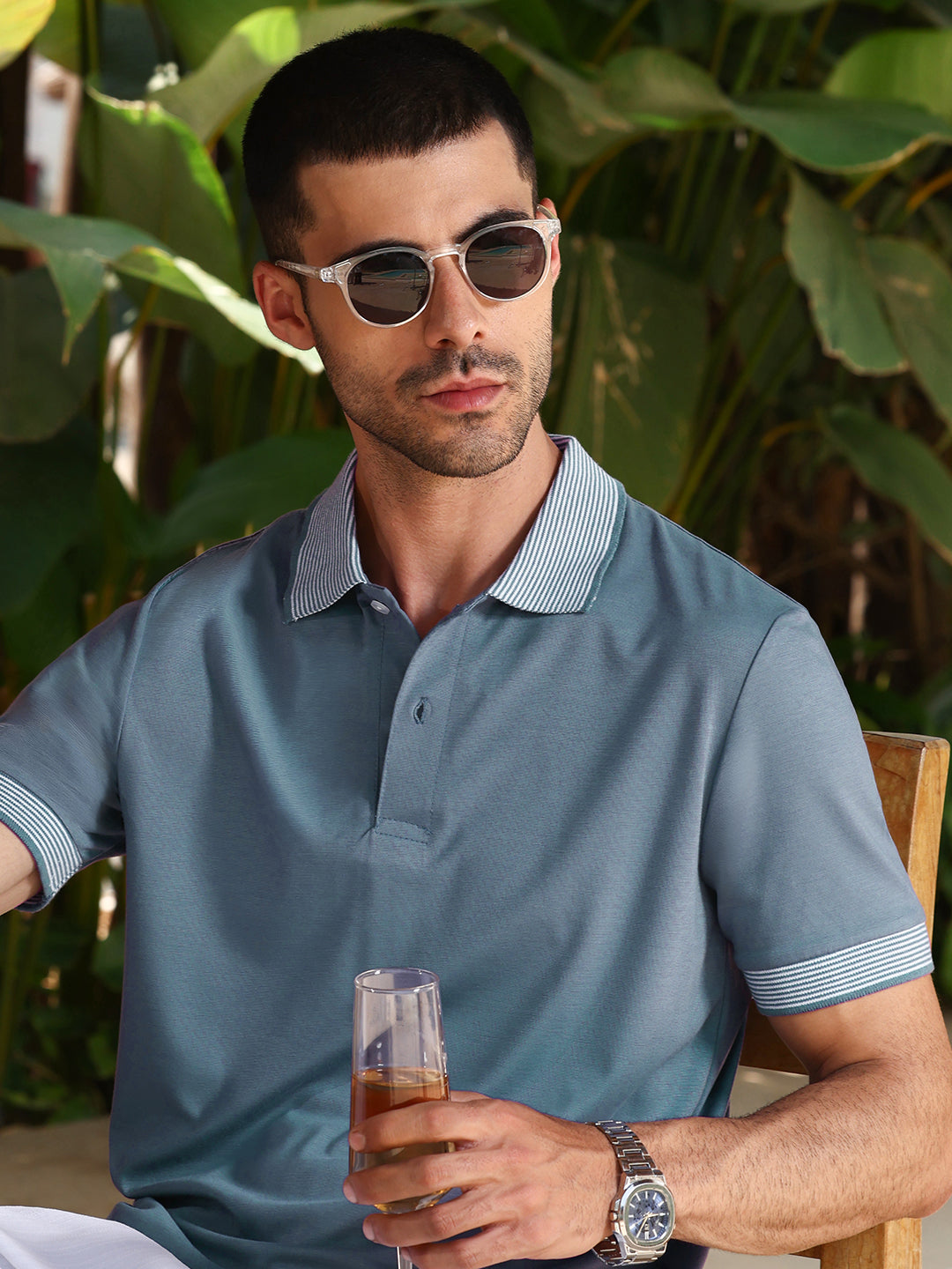 Campus Sutra Blue Striped Collar Regular Fit Polycotton Polo T-Shirt