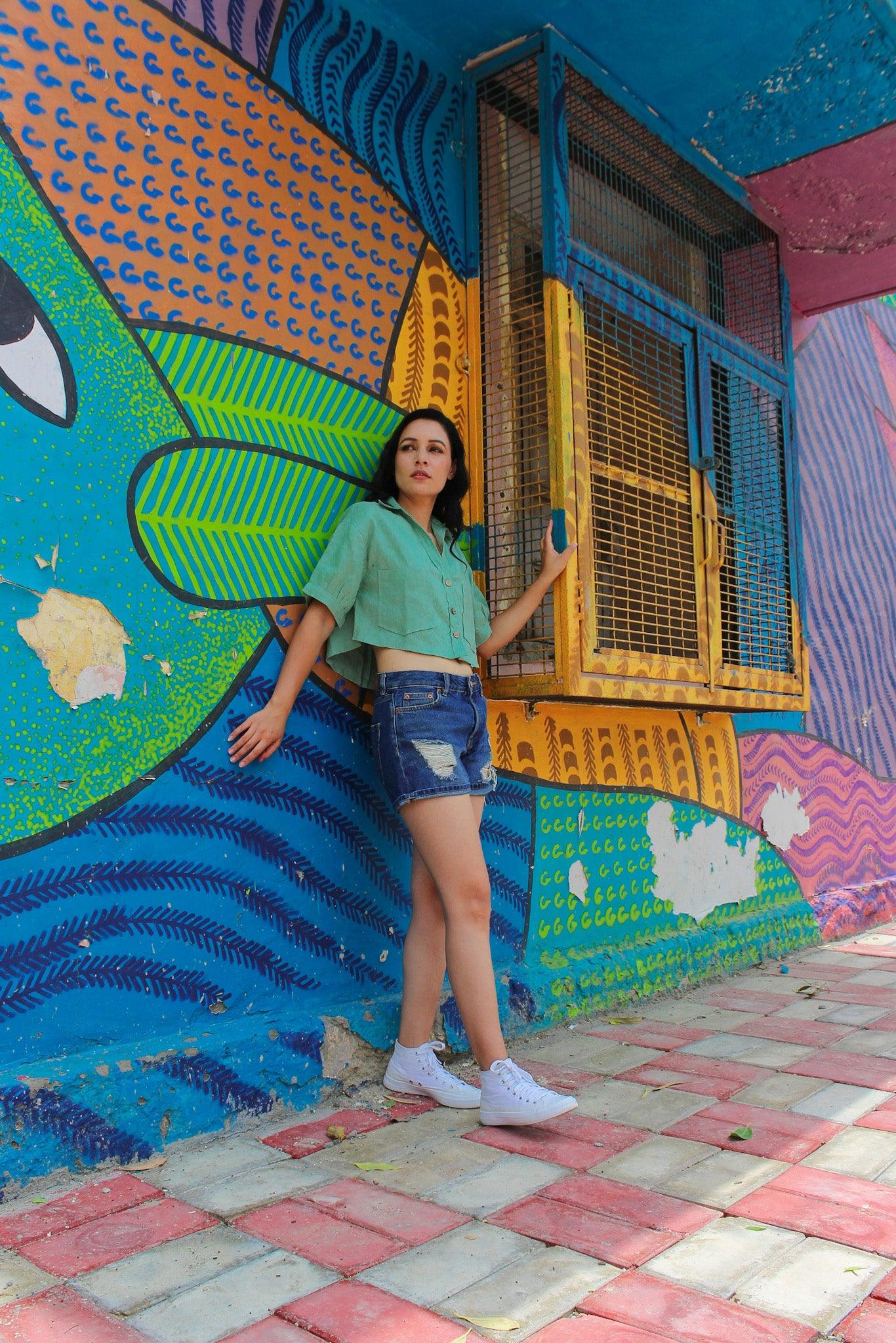 ShopKapaas Pistachio Green Linen Crop Top