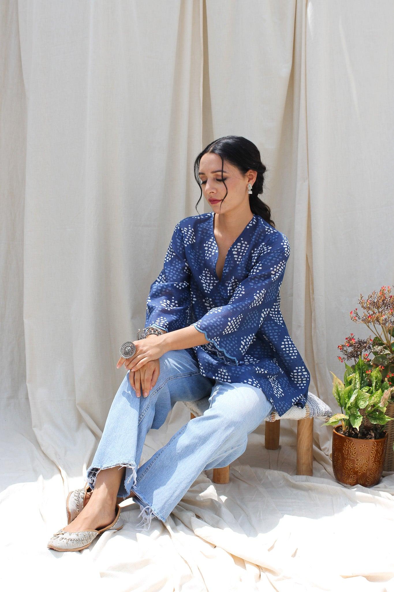 ShopKapaas Indigo Neel Printed Cotton Kurta