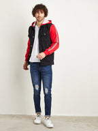 Campus Sutra Dark-Wash Denim Jacket With Sweatshirt Sleeve