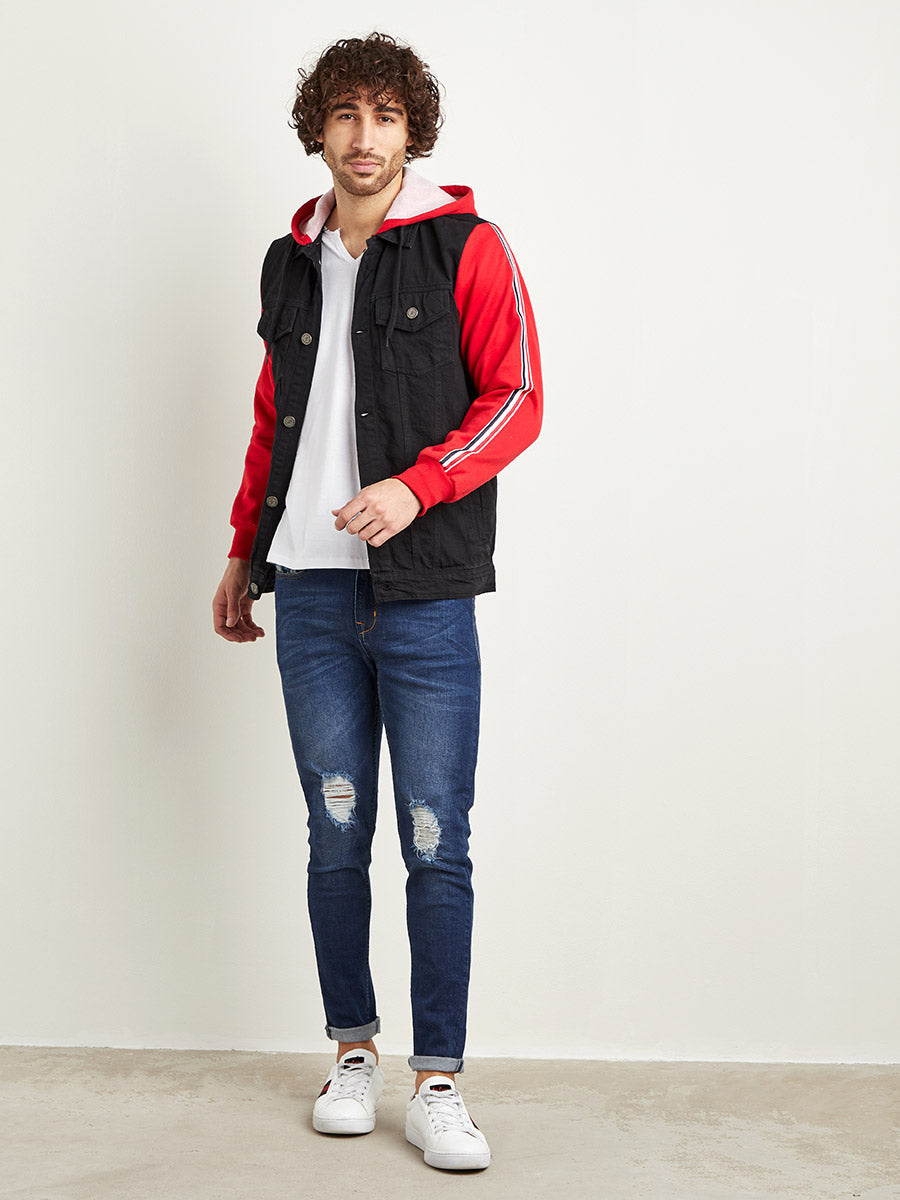 Campus Sutra Dark-Wash Denim Jacket With Sweatshirt Sleeve