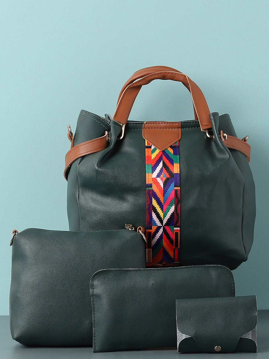 Bianca Green Handbag & Pouch Set